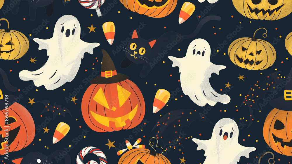 A Halloween themed drawing of ghosts, pumpkins, and candy A Halloween themed drawing of ghosts, pumpkins, and candy