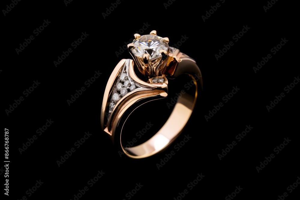 Diamond ring isolated on black background. Gold and silver. Wide engagement ring. 