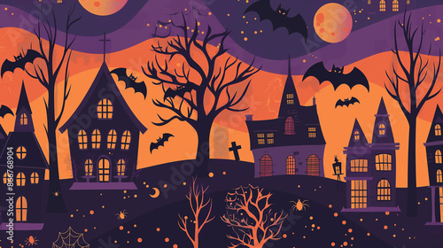 A Halloween themed drawing of houses and bats