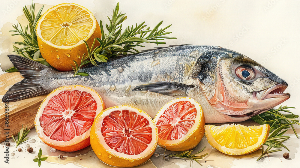 A painting of fish, lemons, and rosemary on a cutting board with a knife and lemon wedges A painting of fish, lemons, and rosemary on a cutting board with a knife and lemon wedges