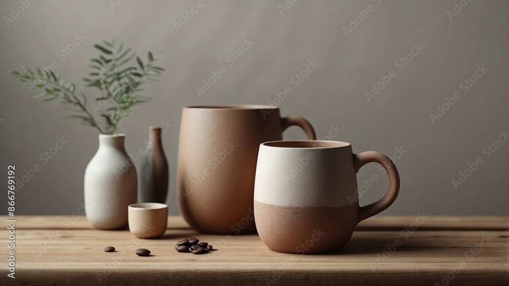 A handmade clay coffee mug with a small cup, resting on a rustic wooden stool in a minimalist setting.