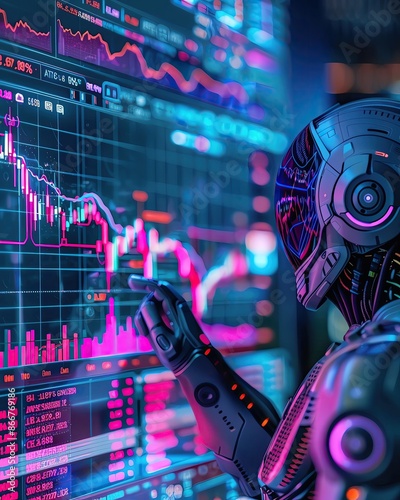Futuristic robot analyzing financial data on a digital screen with neon lights. Concept of AI in stock market trading and technology.