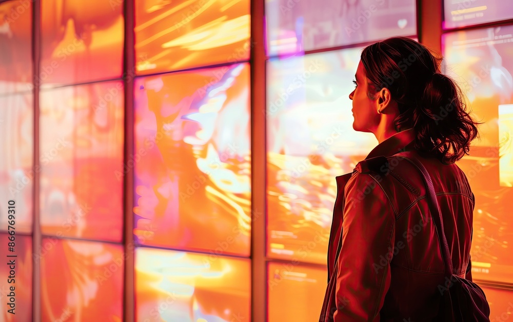 Person observing vibrant digital screens in a modern tech exhibit, showcasing futuristic visuals and interactive technology.