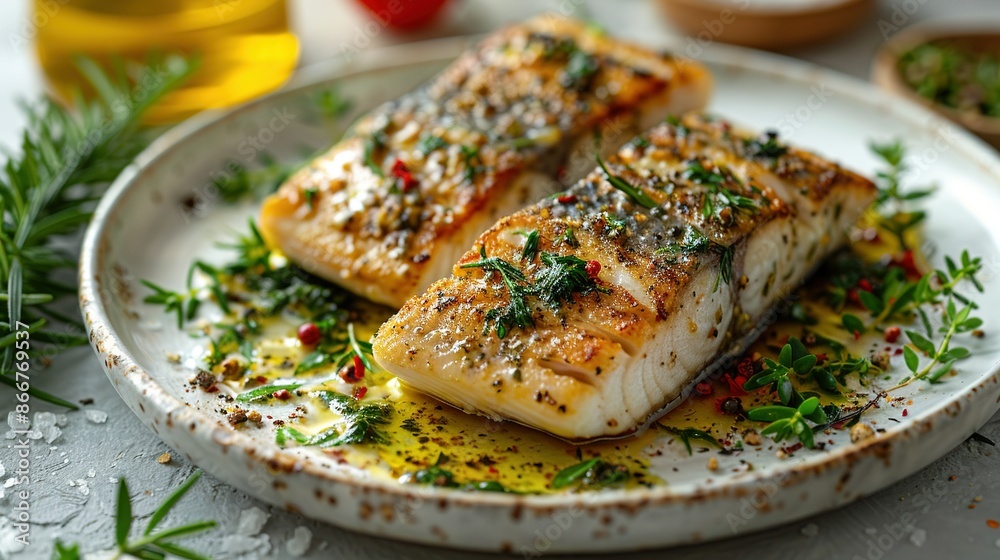 Two fish on a plate with olive oil behind Two fish on a plate with olive oil behind