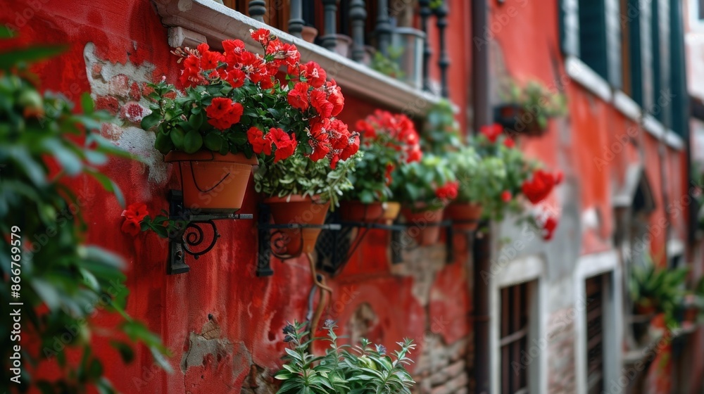 A row of potted plants with red flowers sit on a brick walkway. Generate AI image A row of potted plants with red flowers sit on a brick walkway. Generate AI image