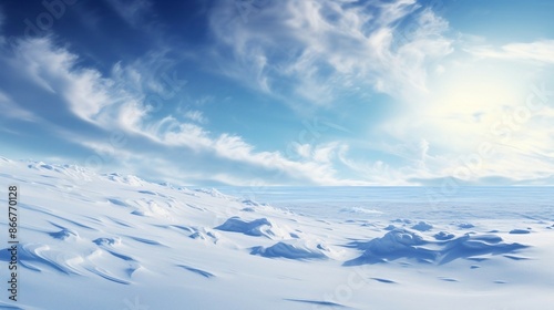 Pristine Snowy Landscape Featuring Rolling Hills and Majestic Mountains Under a Bright Blue Sky. Generative AI