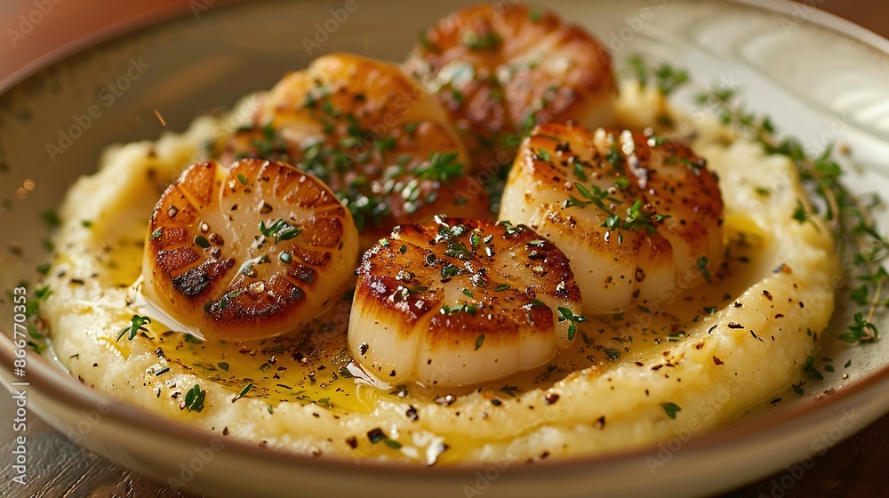 Scallops on mashed potatoes, garnished Scallops on mashed potatoes, garnished