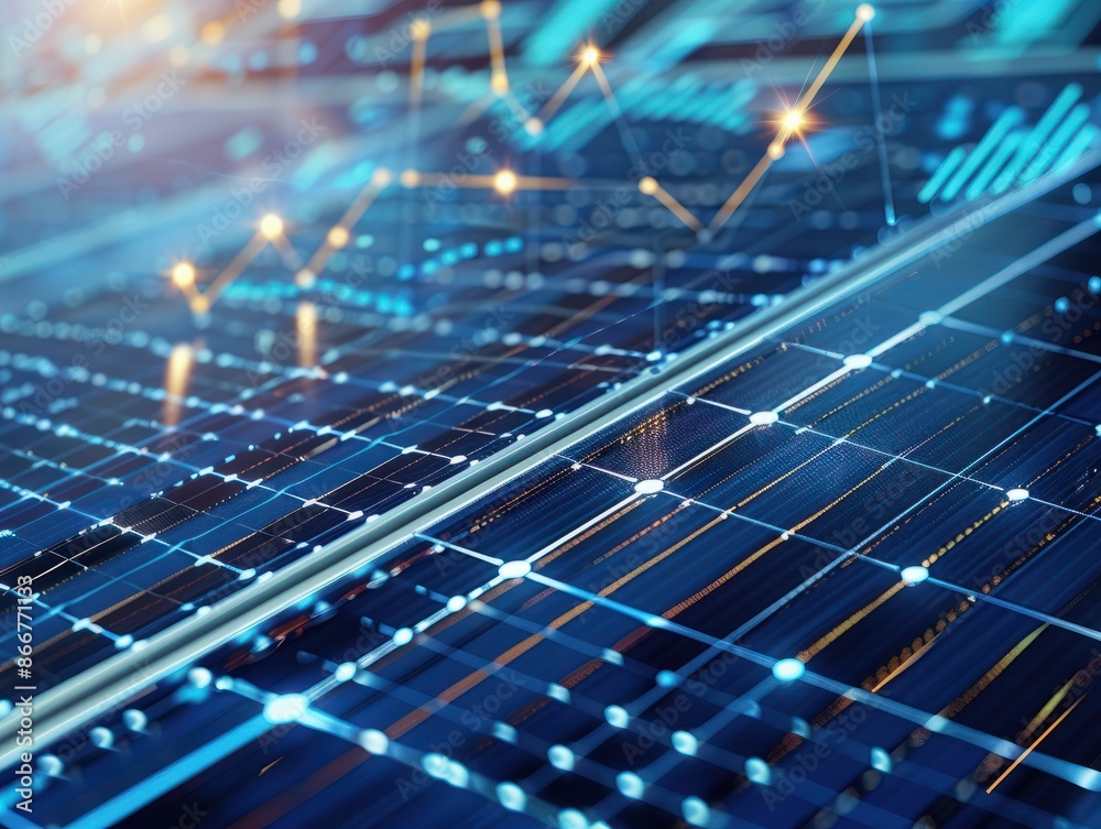 Macro shot of a solar panel texture with financial graphs showing renewable energy market trends Macro shot of a solar panel texture with financial graphs showing renewable energy market trends