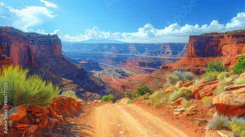Stunning view of a red dirt road leading through vibrant canyons under a clear blue sky, showcasing breathtaking natural beauty and scenic landscapes. photo