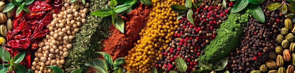 Fototapeta premium Flavors. Spice and Herb Seasonings Panorama for Food Labels and Background