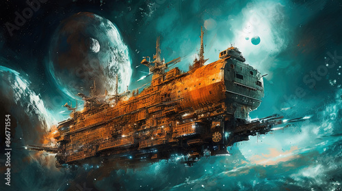 Fototapeta Naklejka Na Ścianę i Meble -  Space ships battle over alien planet in 80s books style. Retro science fiction illustration