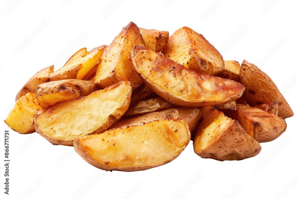 Fried Potato. Pile of Baked Potato Wedges Isolated on White Background Fried Potato. Pile of Baked Potato Wedges Isolated on White Background