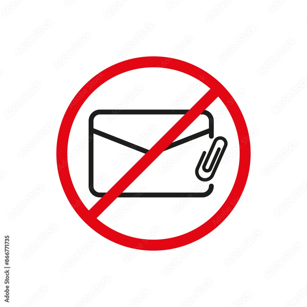 No email attachment icon. Red prohibition symbol. Envelope with clip. Vector illustration.