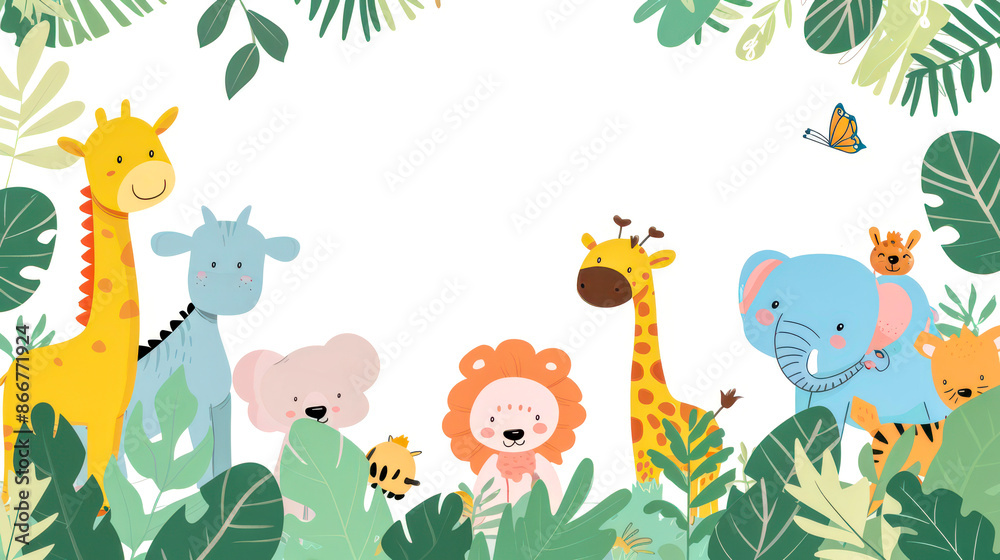 Small jungle/safari motif animals on white background. Pastel cartoon style. Small jungle/safari motif animals on white background. Pastel cartoon style.