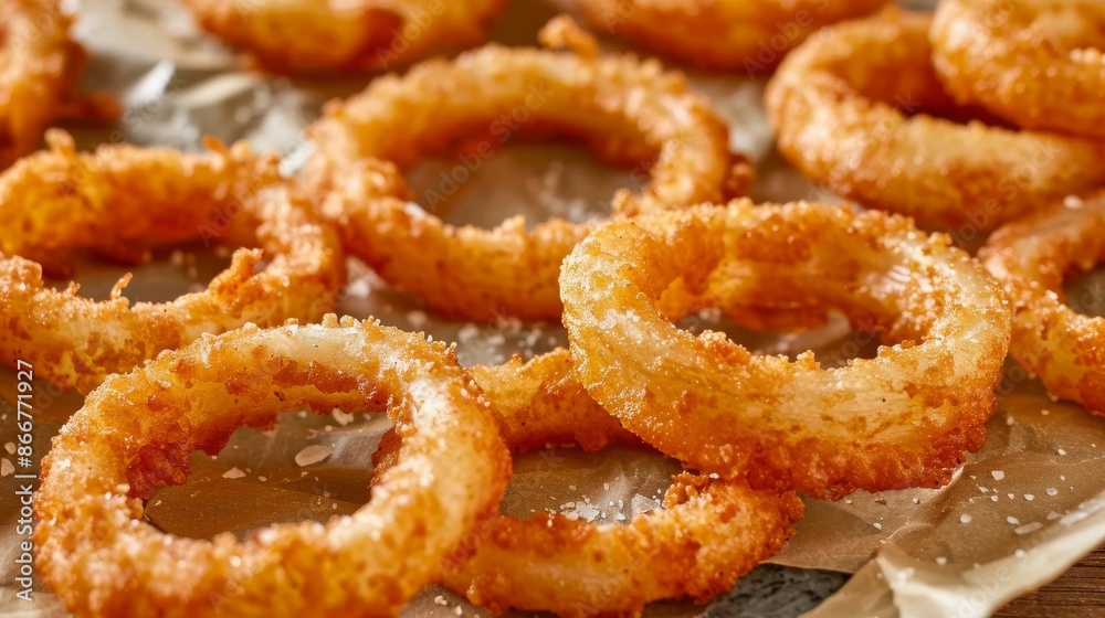 Golden fried onion rings on parchment paper, close-up view. Fast food and snack concept Golden fried onion rings on parchment paper, close-up view. Fast food and snack concept