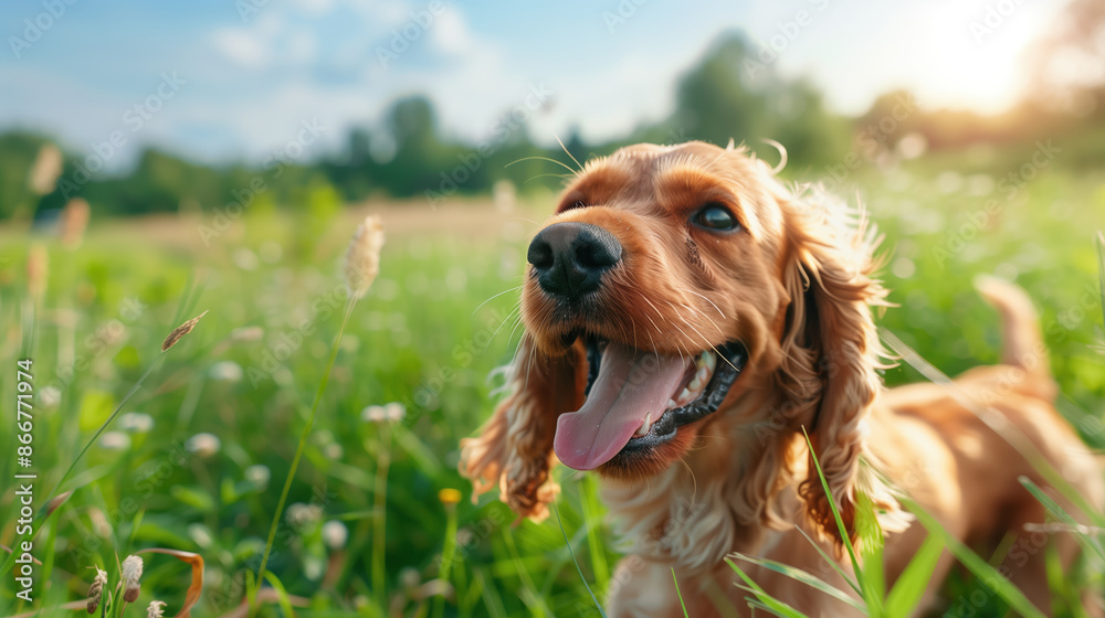 Happy cocker spaniel puppy among the green grass in a sunny day. Copy space Happy cocker spaniel puppy among the green grass in a sunny day. Copy space