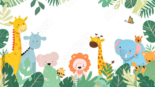 Wallpaper Mural Small jungle/safari motif animals on white background. Pastel cartoon style. Torontodigital.ca