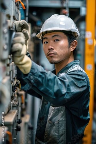 Portrait of a Japanese technician adjusting settings on a recycling machine, high quality photo, photorealistic, precise action, studio lighting © siripimon2525