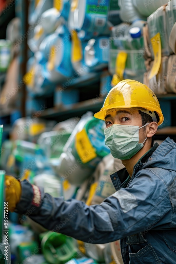 Portrait of a Japanese worker labeling recyclable materials, high quality photo, photorealistic, precise action, bright environment Portrait of a Japanese worker labeling recyclable materials, high quality photo, photorealistic, precise action, bright environment