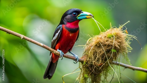 A Black-and-red Broadbill pauses on a twig while carrying building material to it's nest. Class: Aves, Order: Passeriformes, Family: Eurylaimidae, Genus: Cymbirhynchus.  photo