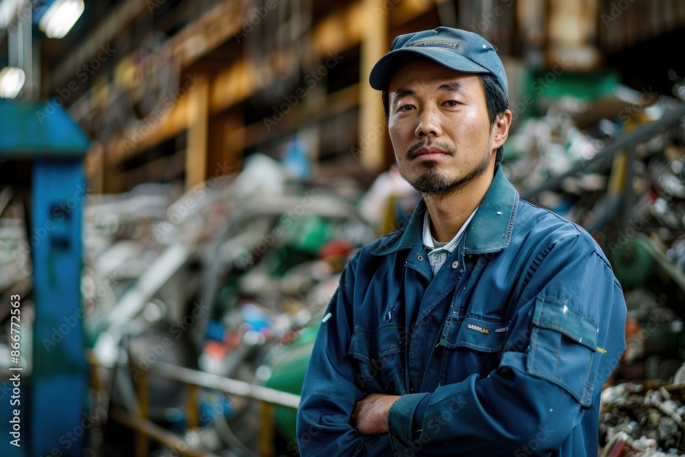 Portrait of a Japanese technician inspecting recycling machinery in a waste management facility, high detail, photorealistic, well-lit setting, engaged atmosphere Portrait of a Japanese technician inspecting recycling machinery in a waste management facility, high detail, photorealistic, well-lit setting, engaged atmosphere