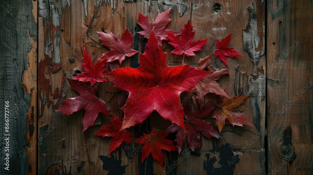 Obraz premium Star shape created with red autumn leaves against a brown wooden backdrop