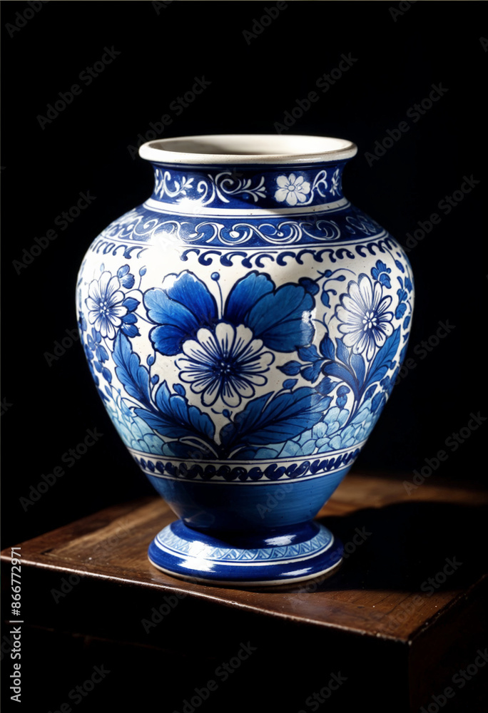 a blue and white hispanic talavera vase on a wooden table a blue and white hispanic talavera vase on a wooden table