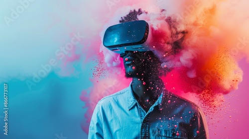 Design an image featuring a man wearing a VR headset, showing immersion and excitement in virtual reality photo