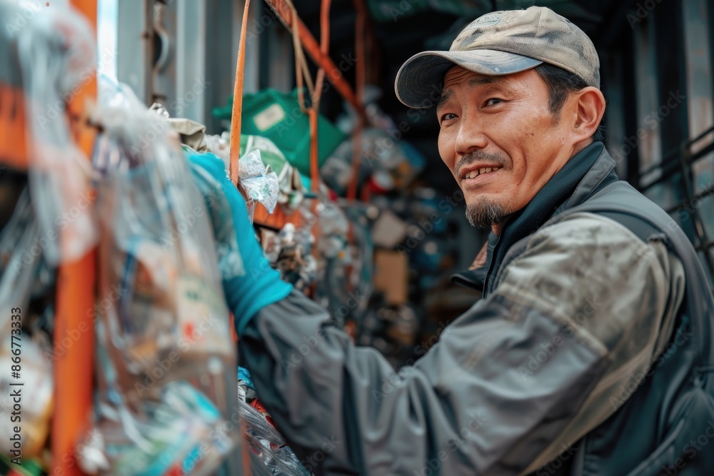 Portrait of a Japanese worker unloading recyclable materials from a truck, high quality photo, photorealistic, energetic atmosphere, well-lit setting Portrait of a Japanese worker unloading recyclable materials from a truck, high quality photo, photorealistic, energetic atmosphere, well-lit setting
