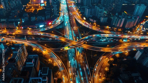 Nighttime aerial shot of busy urban roads, glowing headlights and taillights, city traffic photo