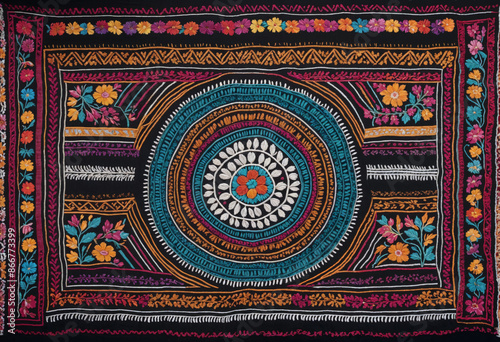 an embroidered hispanic traditional patterns wall hanging with colorful designs