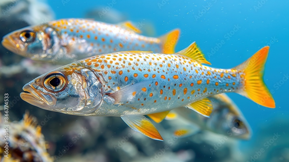 Group of fish swimming in water with coral in foreground Group of fish swimming in water with coral in foreground