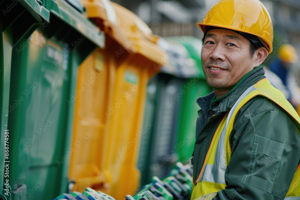 Portrait of a Japanese employee managing waste collection bins, high detail, photorealistic, precise action, bright environment Portrait of a Japanese employee managing waste collection bins, high detail, photorealistic, precise action, bright environment