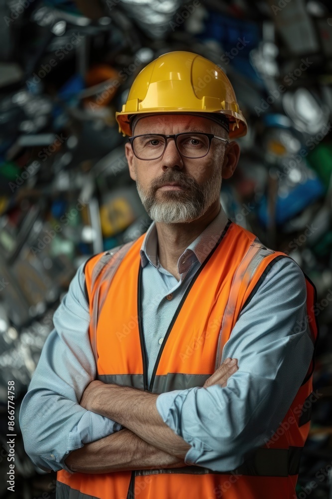 Portrait of an American manager overseeing the recycling process, high quality photo, photorealistic, confident expression, studio lighting Portrait of an American manager overseeing the recycling process, high quality photo, photorealistic, confident expression, studio lighting