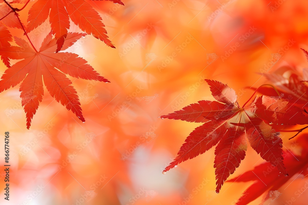 Close-up of red maple leaves in sunlight on blurred background. Natural autumn background. Fall season concept. Sunny day with beautiful red foliage in the park. 