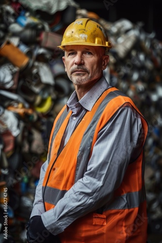 Portrait of an American manager overseeing the recycling process, high quality photo, photorealistic, confident expression, studio lighting © siripimon2525