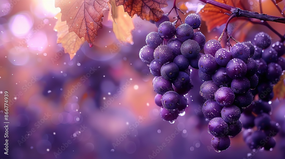   A vine with grapes hanging and water-dotted leaves in the foreground
