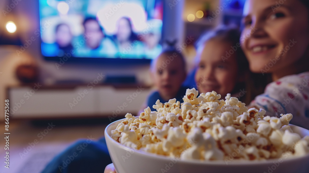 Fun movie night scene, a family gathered around a big bowl of popcorn, with a TV screen in the background, capturing the joy and tradition of popcorn on National Popcorn Day Fun movie night scene, a family gathered around a big bowl of popcorn, with a TV screen in the background, capturing the joy and tradition of popcorn on National Popcorn Day