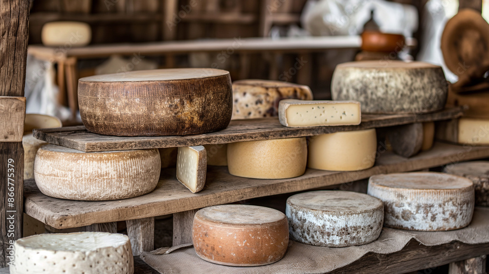 Artistic display of cheese wheels in a rustic market setting, showcasing different types and textures of cheese, celebrating the diversity of flavors
Artistic display of cheese wheels in a rustic market setting, showcasing different types and textures of cheese, celebrating the diversity of flavors