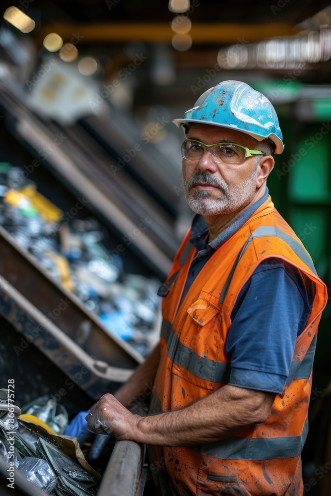 Portrait of an American technician monitoring recycling machinery, high quality photo, photorealistic, focused expression, well-lit setting Portrait of an American technician monitoring recycling machinery, high quality photo, photorealistic, focused expression, well-lit setting