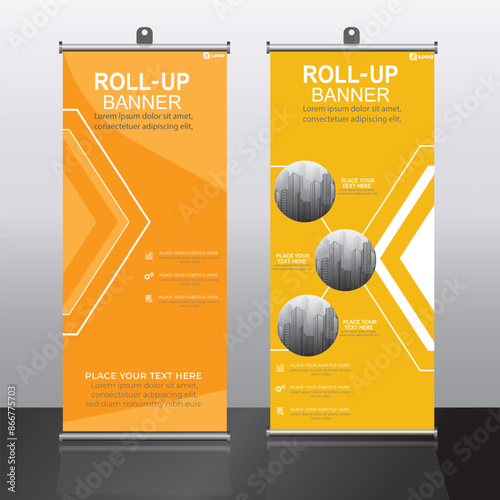 Modern roll-up banners with sleek and professional designs, ideal for showcasing products, services, or brand information at events.