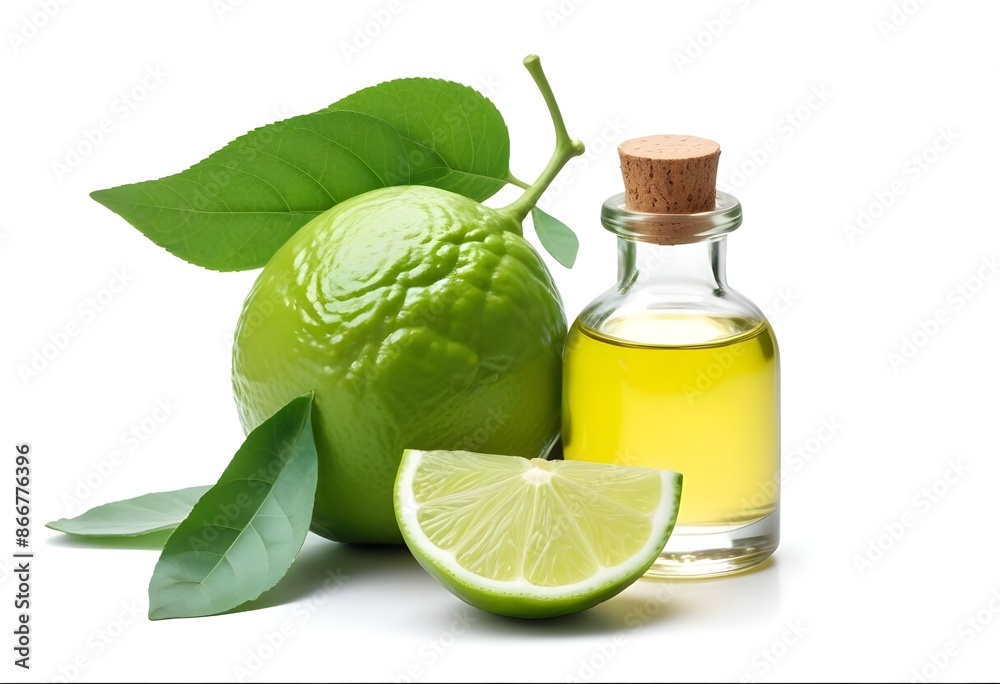 A Green Bergamot Fruit with Leaves, a Slice of Lime, and a Bottle of Essential Oil - Refreshing and Aromatic Citrus Essence A Green Bergamot Fruit with Leaves, a Slice of Lime, and a Bottle of Essential Oil - Refreshing and Aromatic Citrus Essence