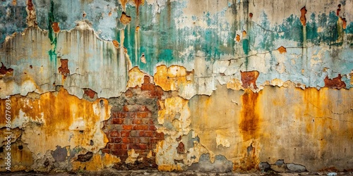 Weathered, distressed concrete wall texture with peeling paint, cracks, and stains, showcasing a gritty, urban, and industrial aesthetic for edgy visual compositions.