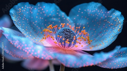   A close-up of a blue flower with pink and yellow stamens photo