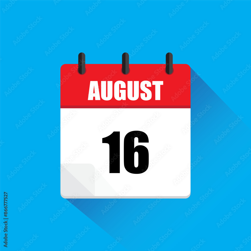 August 16 calendar. Red and white page. Flat vector icon. Blue background. August 16 calendar. Red and white page. Flat vector icon. Blue background.