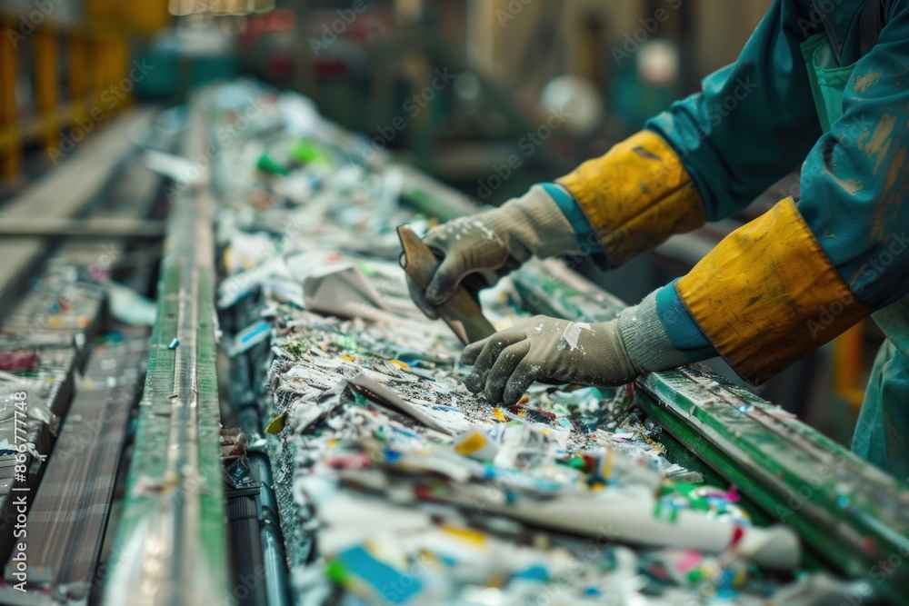 Close-up of a worker's hands handling recyclable paper, high detail, photorealistic, precise action, well-lit setting Close-up of a worker's hands handling recyclable paper, high detail, photorealistic, precise action, well-lit setting