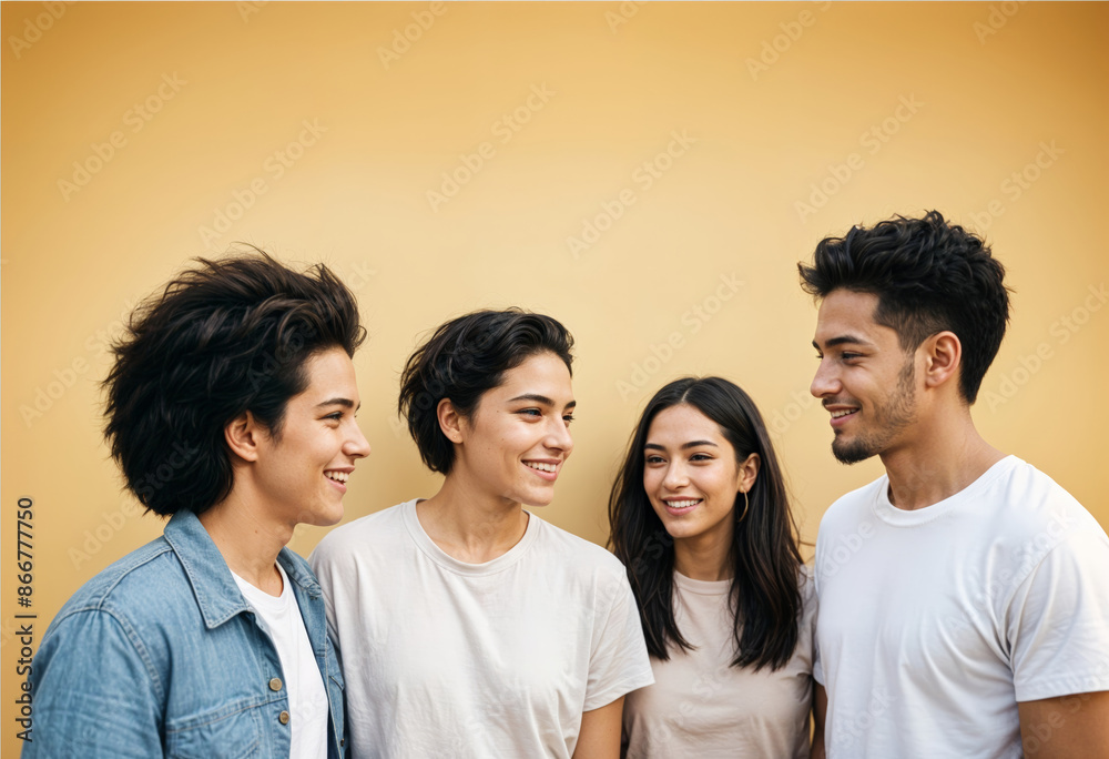 four young hispanic people are smiling and looking at each other four young hispanic people are smiling and looking at each other