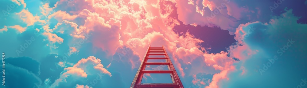 Create a high-quality image of a ladder reaching up to fluffy clouds in a dreamy, pastel sky Create a high-quality image of a ladder reaching up to fluffy clouds in a dreamy, pastel sky