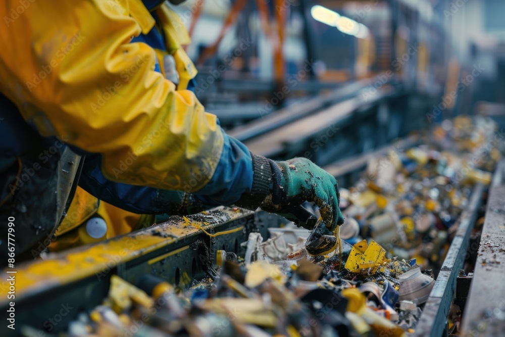 Close-up of a technician's hands monitoring recycling machinery, high detail, photorealistic, focused action, well-lit setting Close-up of a technician's hands monitoring recycling machinery, high detail, photorealistic, focused action, well-lit setting