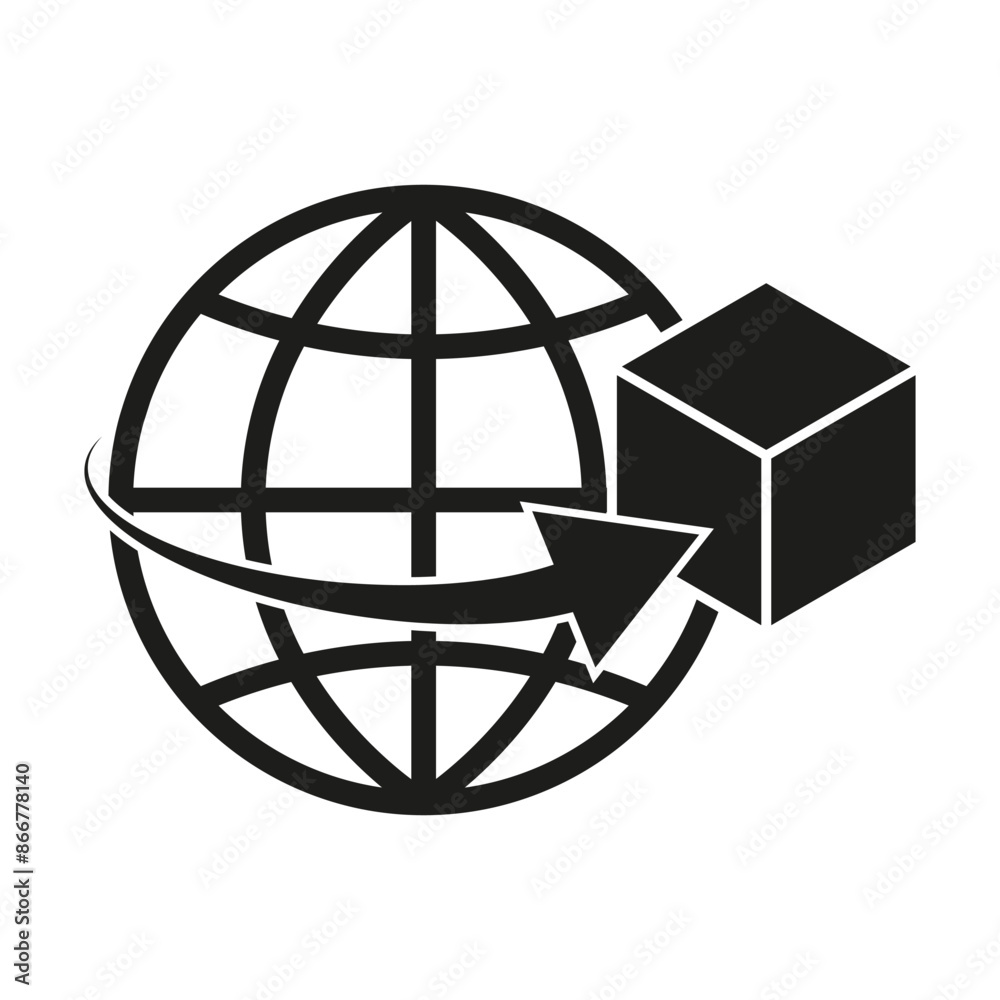 Global shipping icon. Globe and cube. Black and white design. Vector illustration.